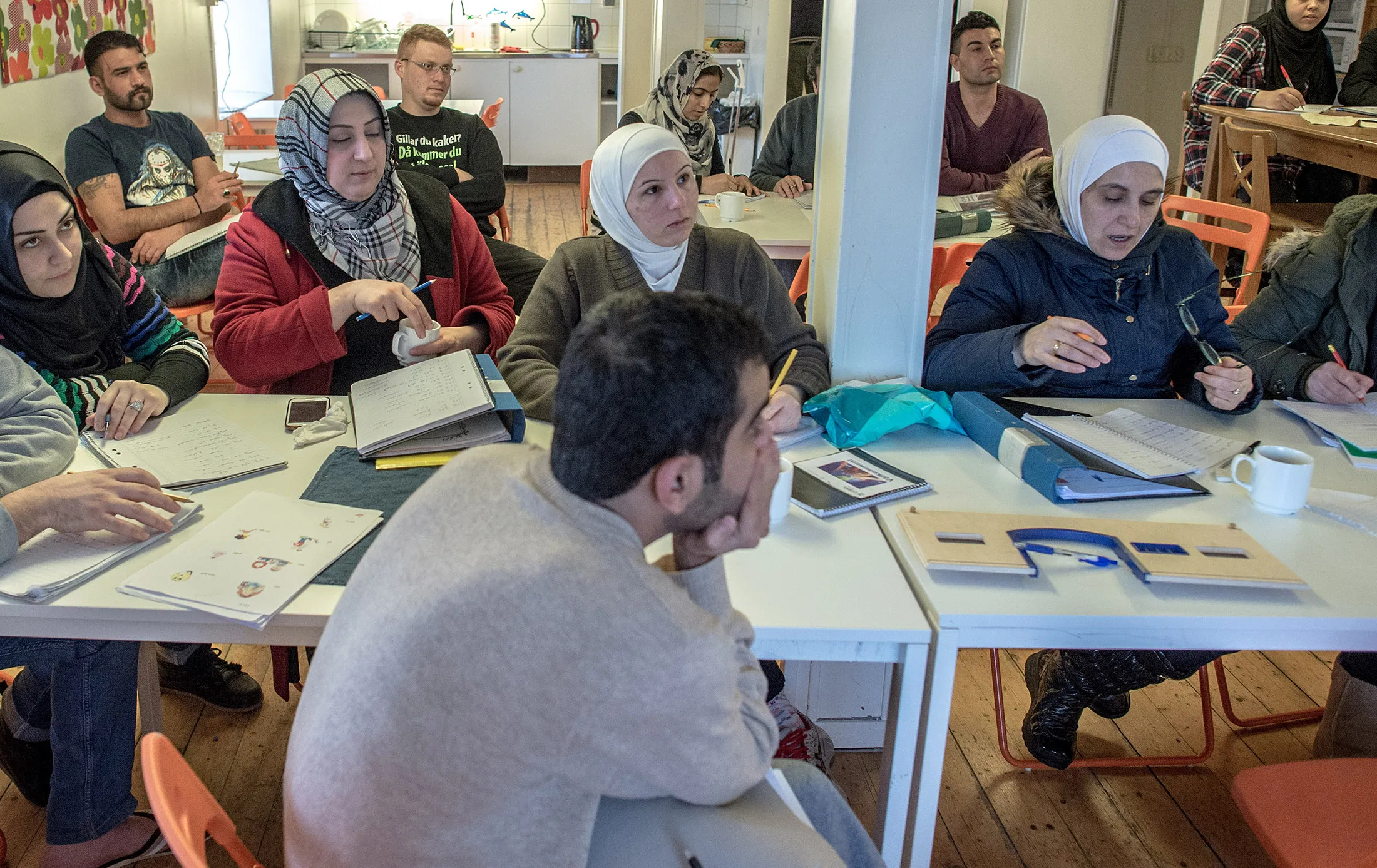 Refugees attend Swedish language class in Kladesholmen, Sweden, on Feb. 10, 2016.
