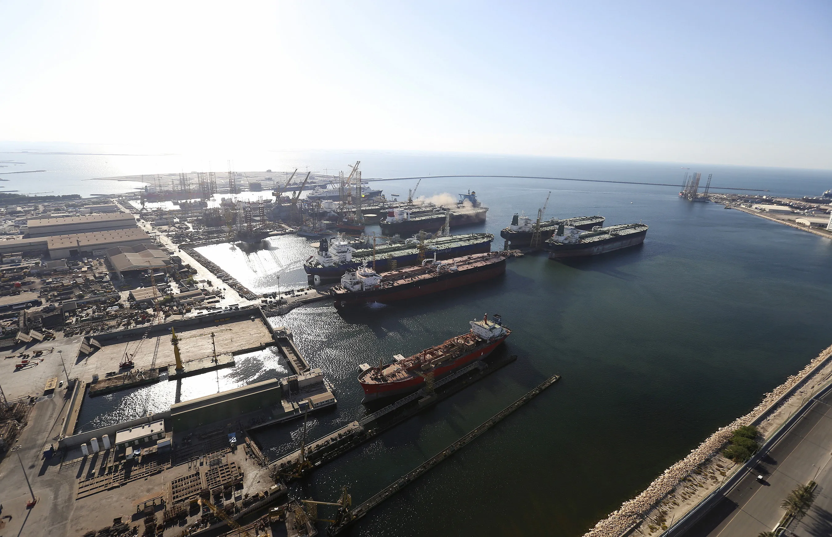Oil tankers sit in&nbsp;Port Rashid in Dubai.