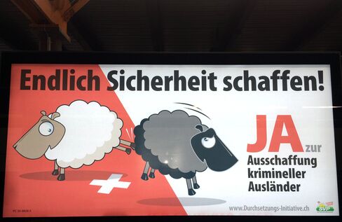 A political advertisment stands on display in Winterthur.