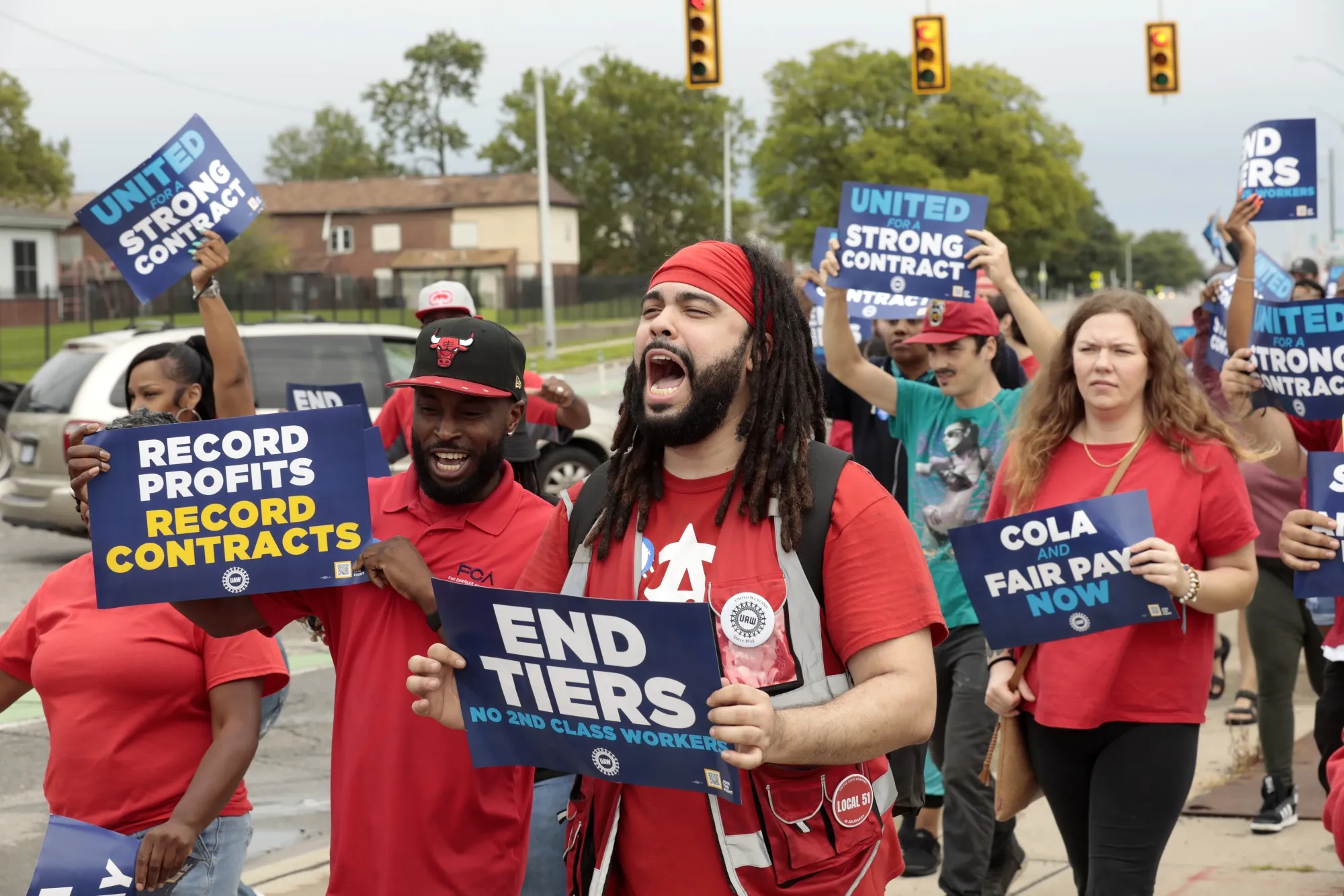 Demonstrators during a United Auto Workers practice picket outside a Stellantis plant in Detroit, Michigan.&nbsp;
