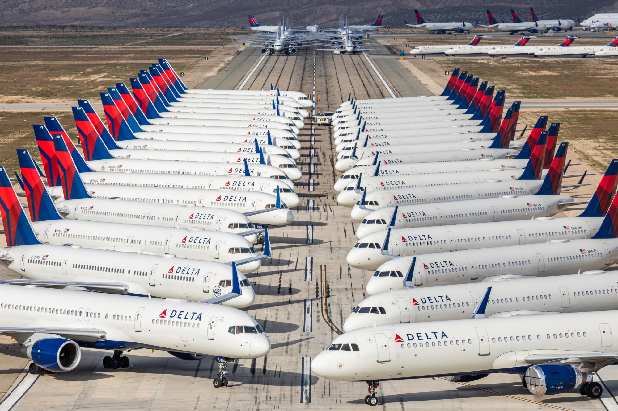 Delta Air Lines jets parked in Victorville, California on March 28.