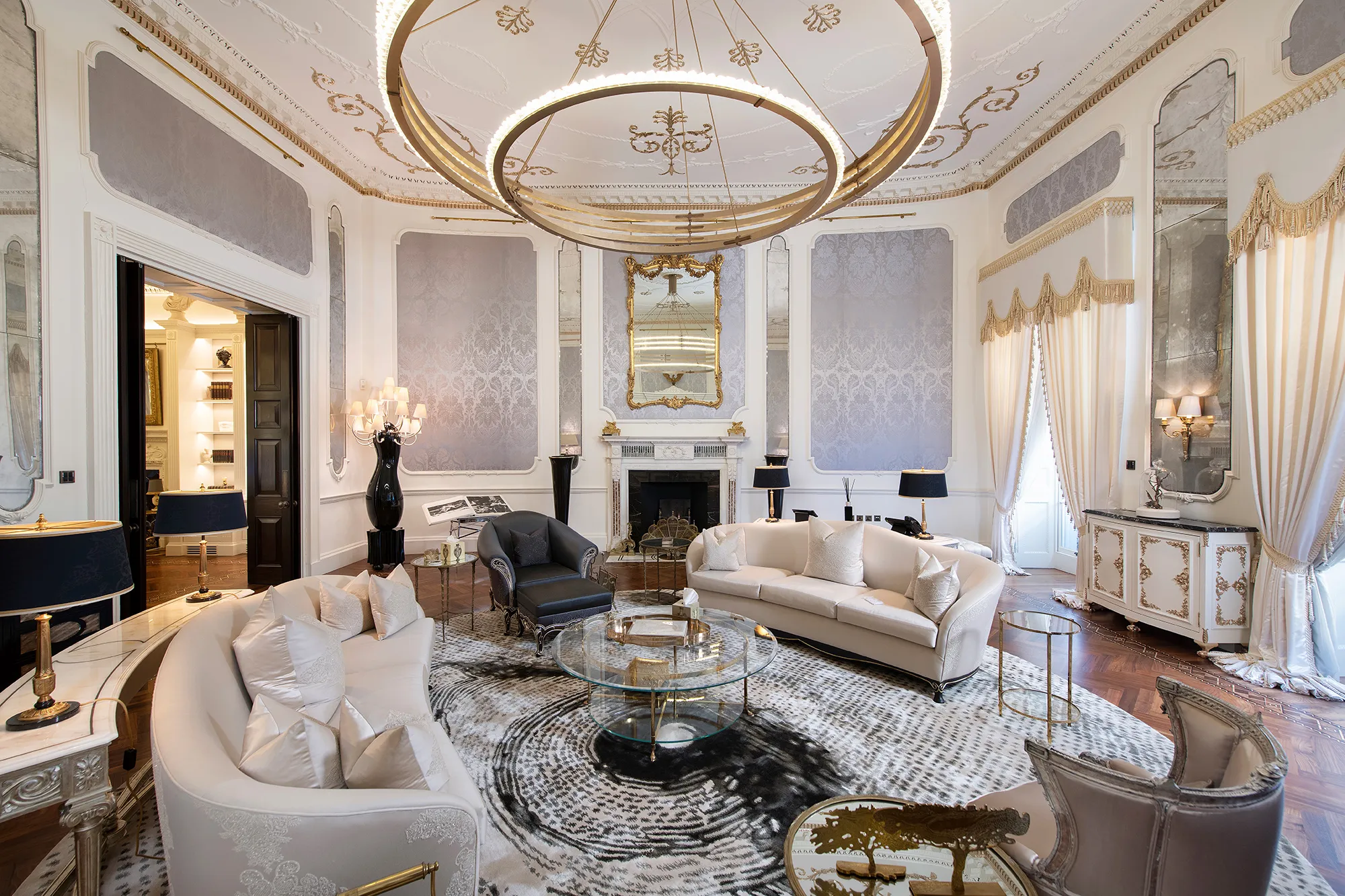 The property’s main reception room has 20 foot ceilings with gold-leaf detailing by renowned plasterer Joseph Rose.