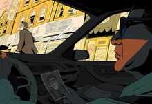 Illustration depicting a car driver in an urban setting looking at a small photograph that bears a resemblance to a pedestrian walking outside the vehicle.