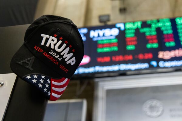 A Donald Trump 2024 campaign hat on the floor of the New York Stock Exchange, Jan. 21, 2025.