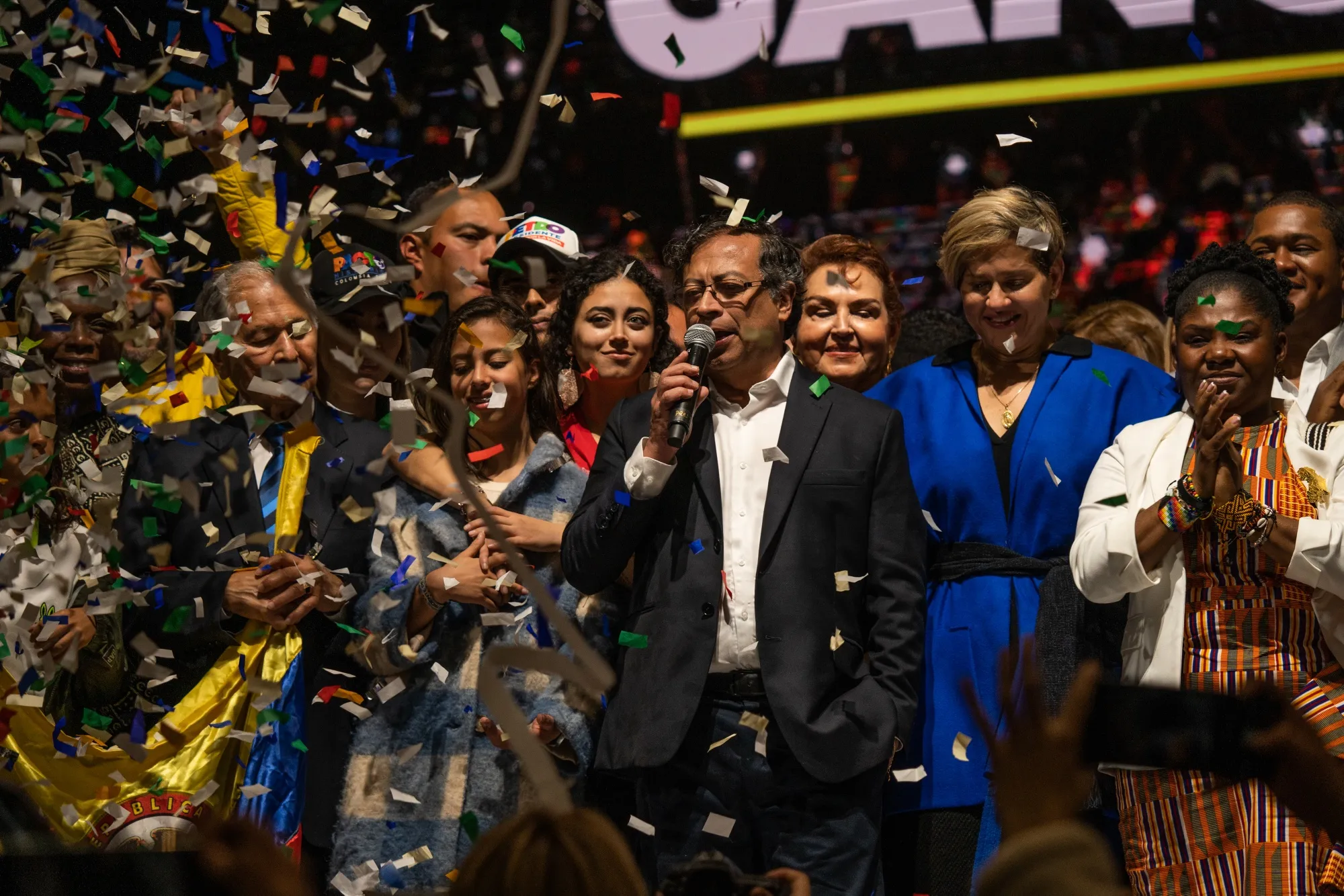 Gustavo Petro, Colombia’s president-elect, center, speaks during an election night rally following the runoff presidential election in Bogota, Colombia, on Sunday, June 19, 2022. 