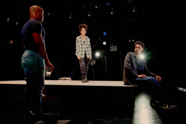 Austin Smith (left), Sharlene Cruz and Jasai Chase-Owens (right) during a rehearsal of Sanctuary City at New York Theater Workshop in Manhattan.