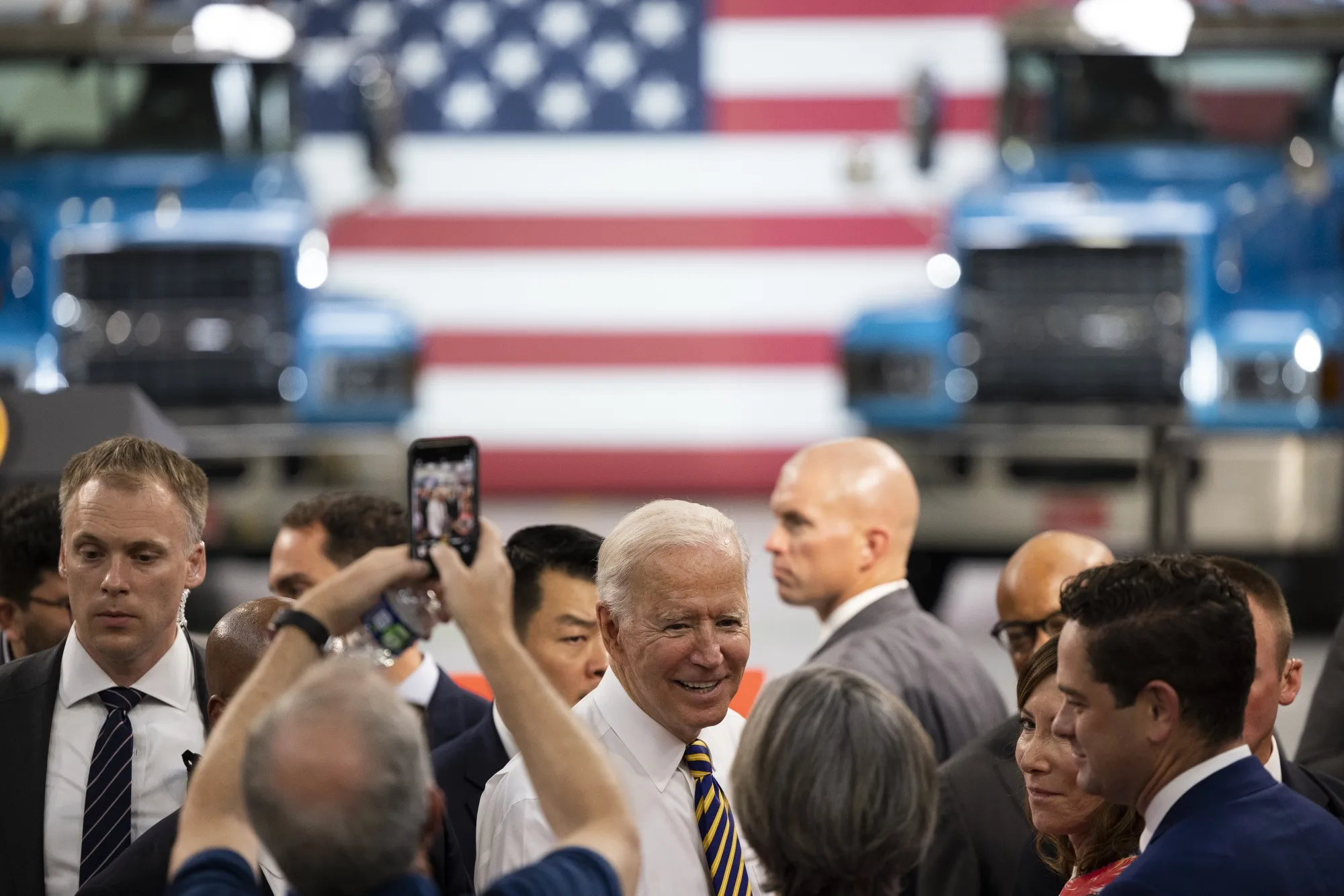 U.S. President Joe Biden greets attendees at the Mack Trucks Lehigh Valley Operations facility in Macungie, Pennsylvania on July 28, 2021.&nbsp;