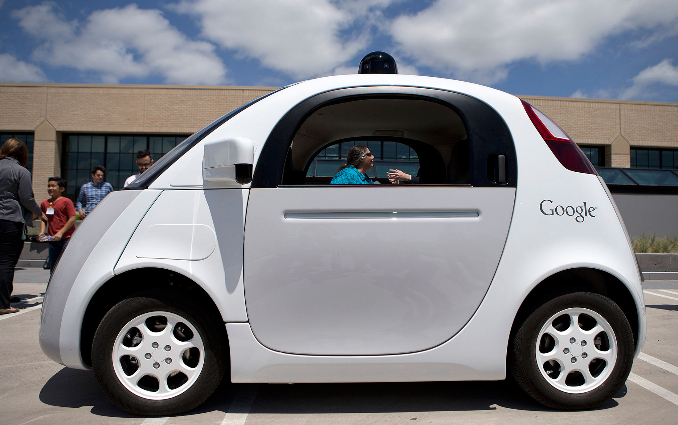 The two-seater prototype of Google's self-driving car is ready for demonstration at Google on May 13, 2015 in Mountain View, Calif.
