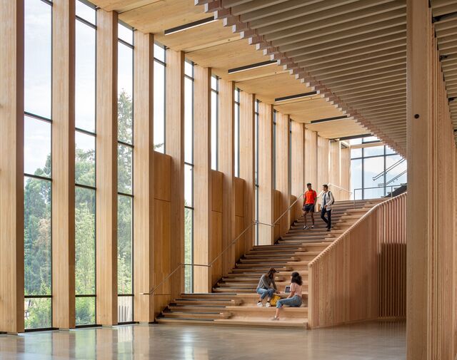 Huge beams of cross-laminated timber (CLT) frame new facilities for the College of Forestry at Oregon State University