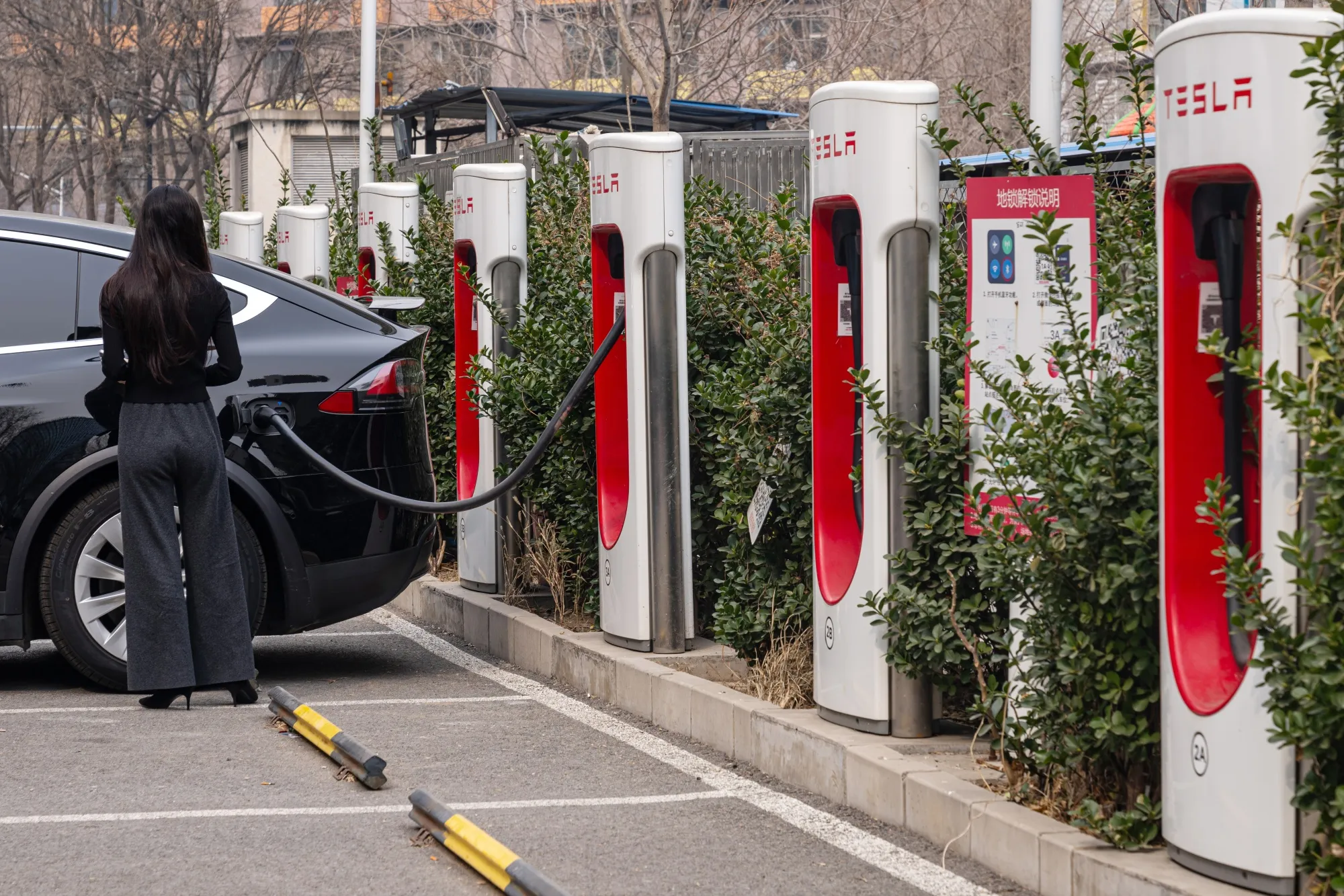 Tesla Inc. chargers in Beijing.