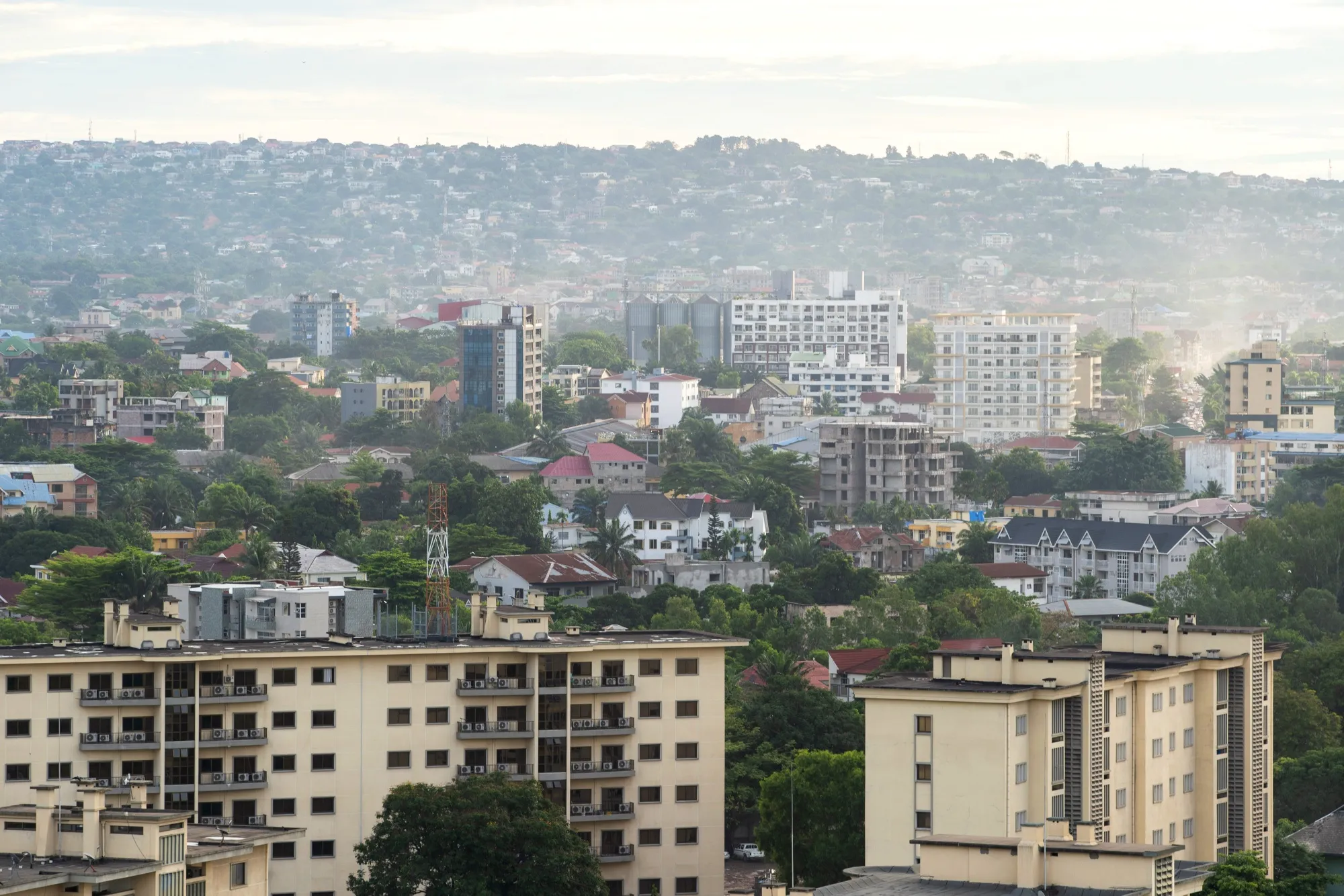 Buildings on the skyline in the suburbs of Kinshasa, Democratic Republic of Congo.