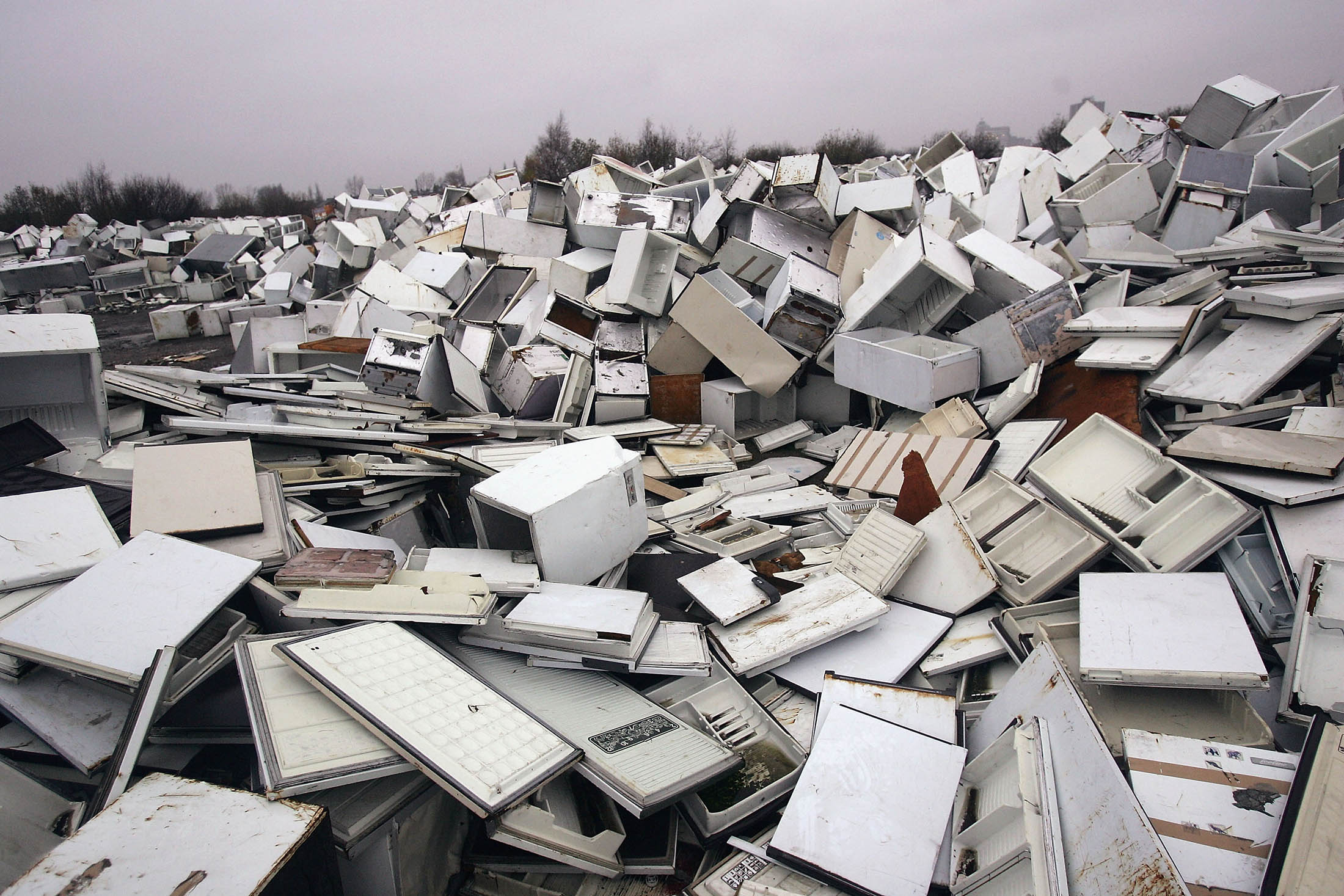 A mountain of discarded fridges are shown at a fridge disposal site in Trafford Park Industrial area in Manchester.
