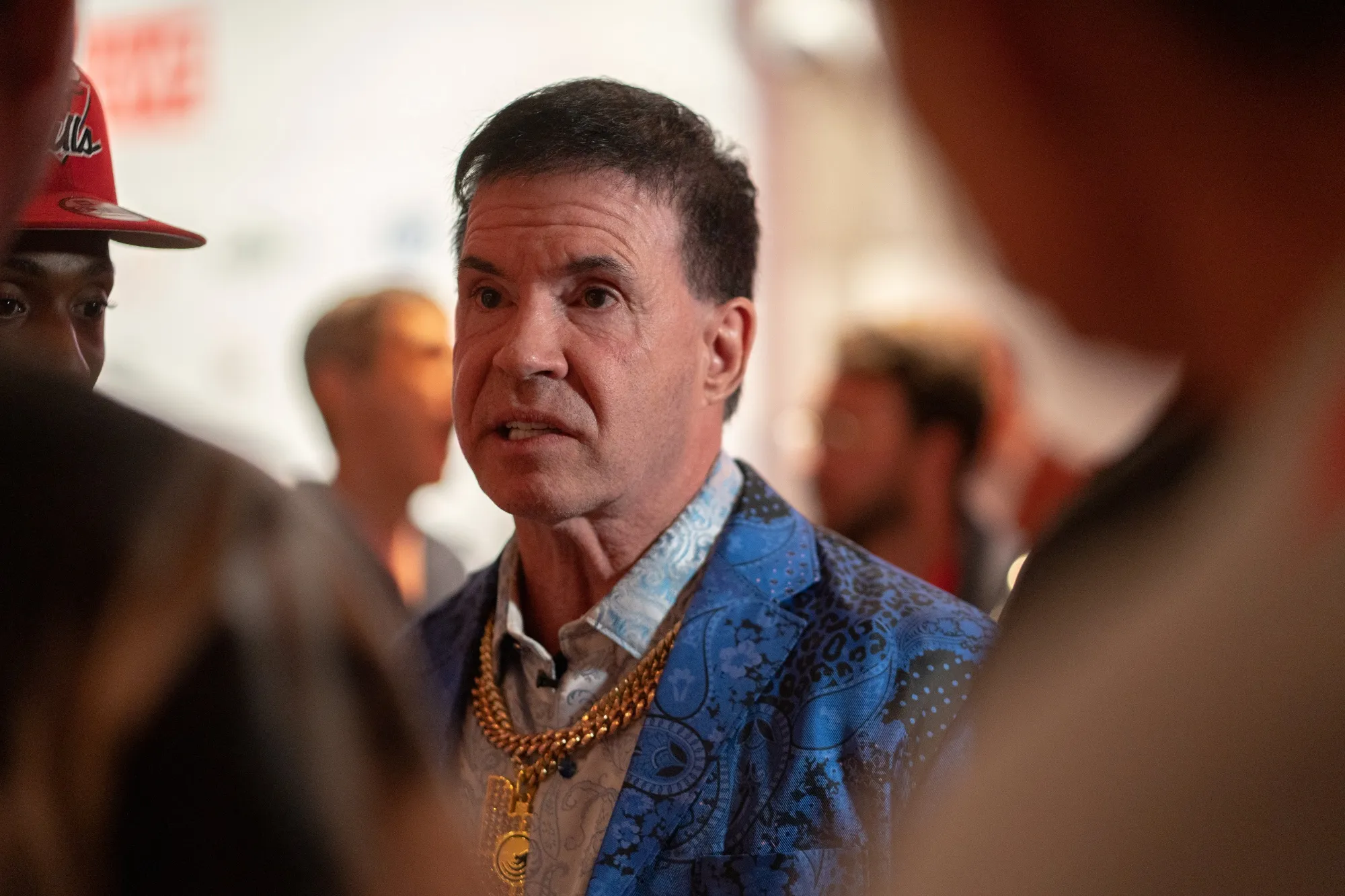 Jack Owoc, founder and chief executive officer of Bang Energy, speaks to a guest during a BevNET event in New York, US, on Thursday, June 16, 2022.