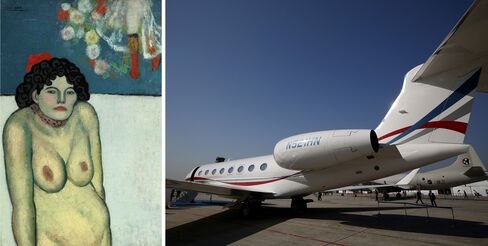 Left: Pablo Picasso, La Gommeuse, 1901. Right: The fastest private jet on the market.