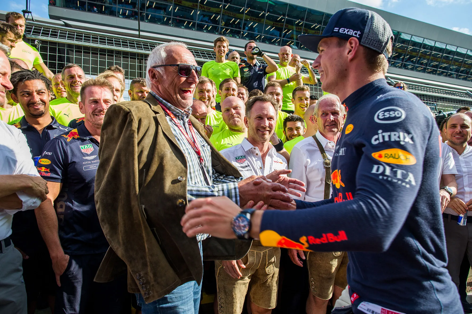 Dietrich Mateschitz with Max Verstappen&nbsp;during the Formula One Grand Prix of Austria, 2018.