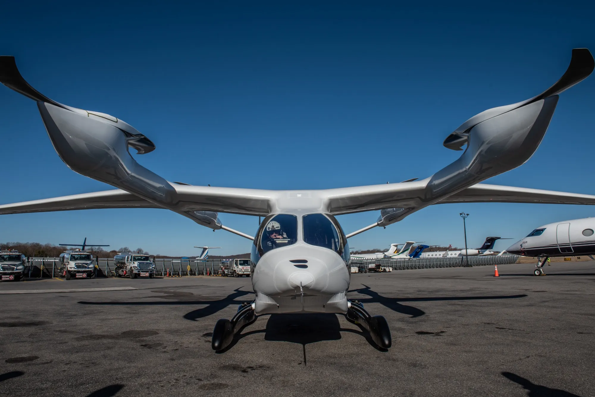 The BETA ALIA-250 EVA electric vertical take-off and landing (eVTOL) aircraft following a test flight in West Harrison, New York.