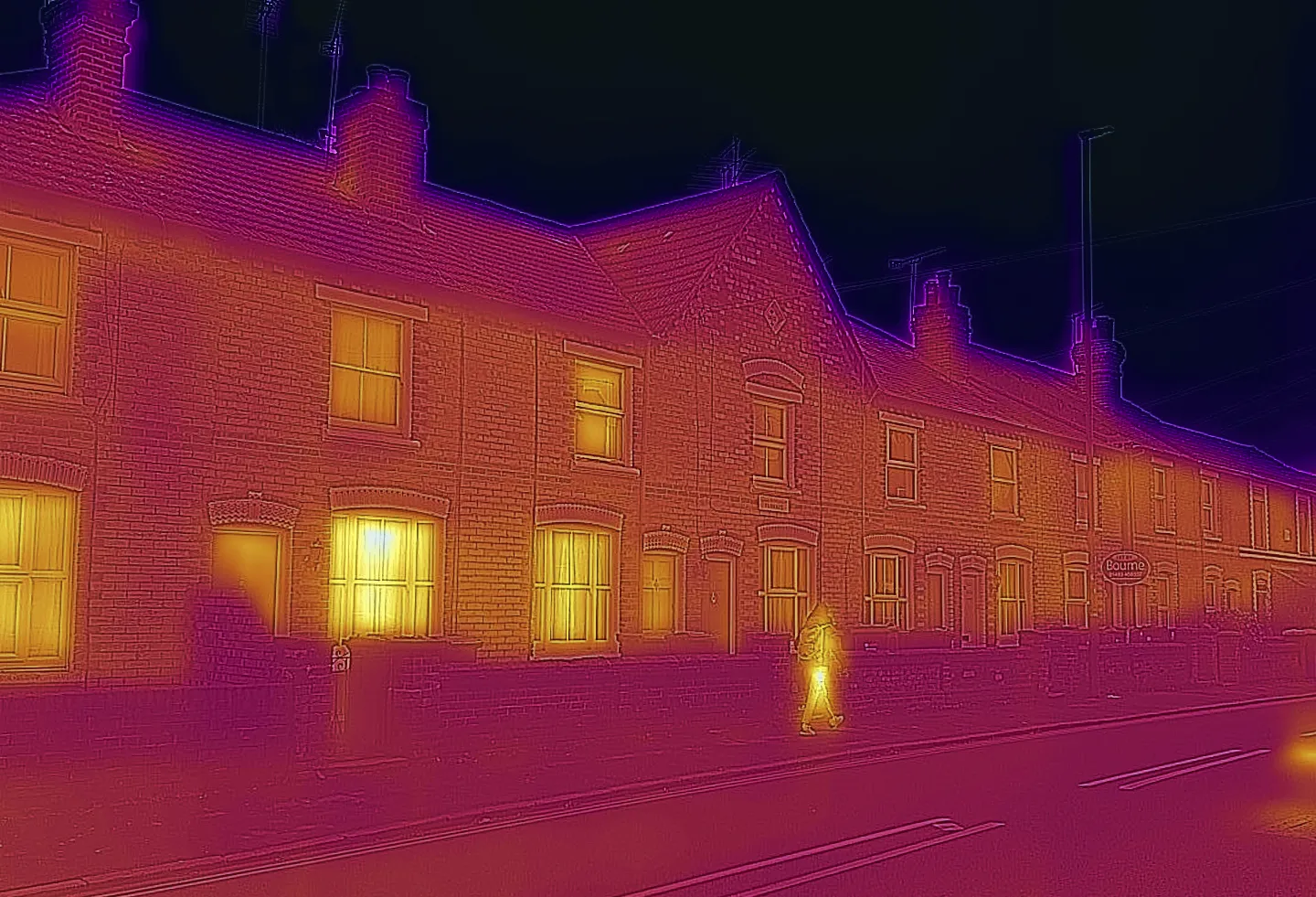 A row of terraced houses, taken with a heat-sensing camera in Guildford, U.K.