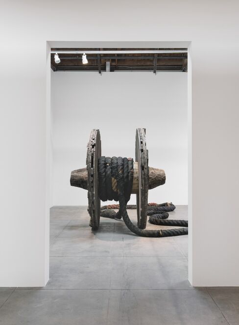 Magdalena Abkanowicz Wheel with Rope 1973 Wood, burlap, hemp, metal line 2 wheels, each: 7ft 8½ in /2.34 m (diameter) 2 ropes, each approx. 190 ft /58 m National Museum in Wroclaw (Poland)