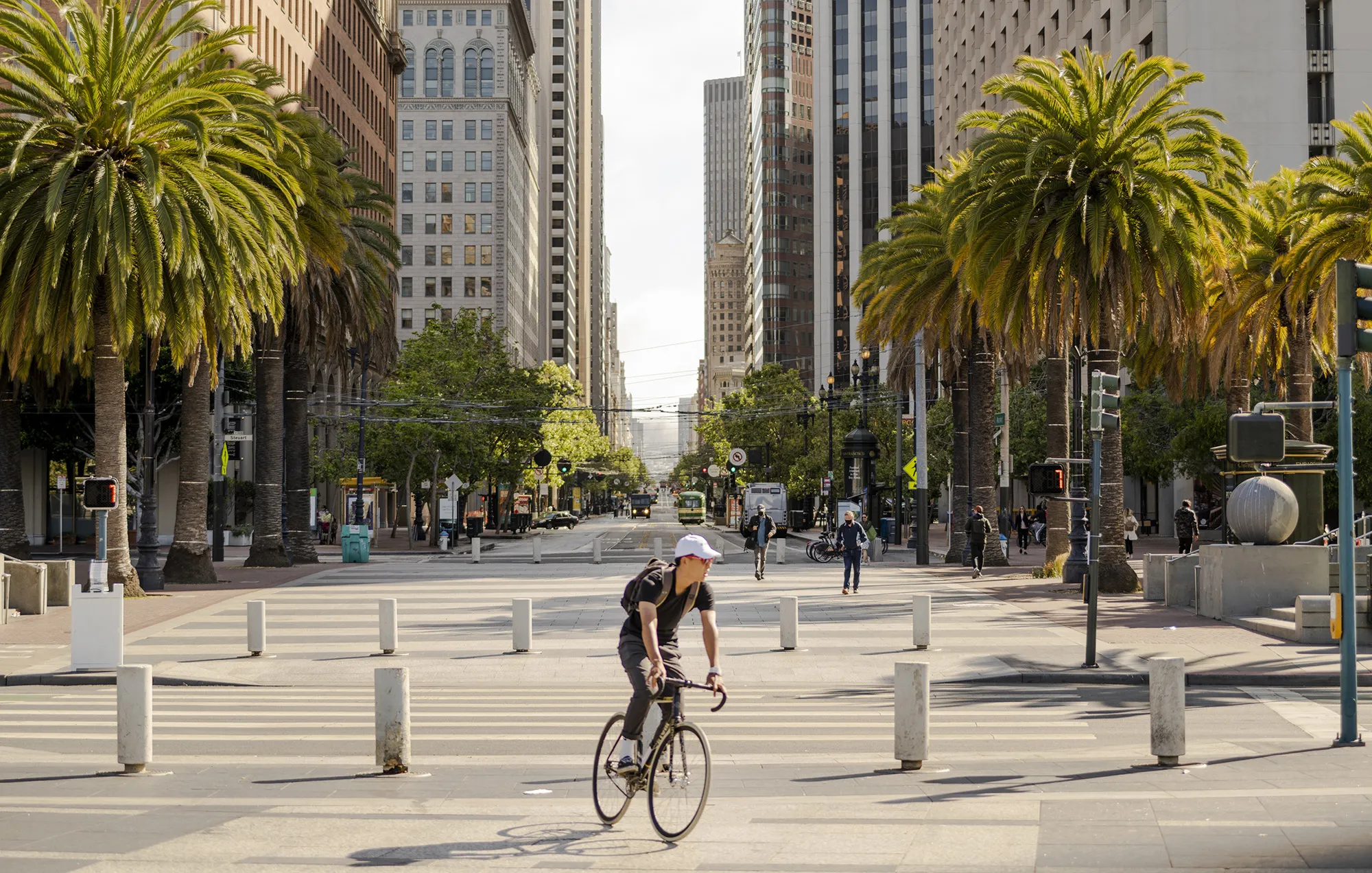 A cyclist bikes through Embarcadero Plaza&nbsp;in San Francisco, on June 1.&nbsp;