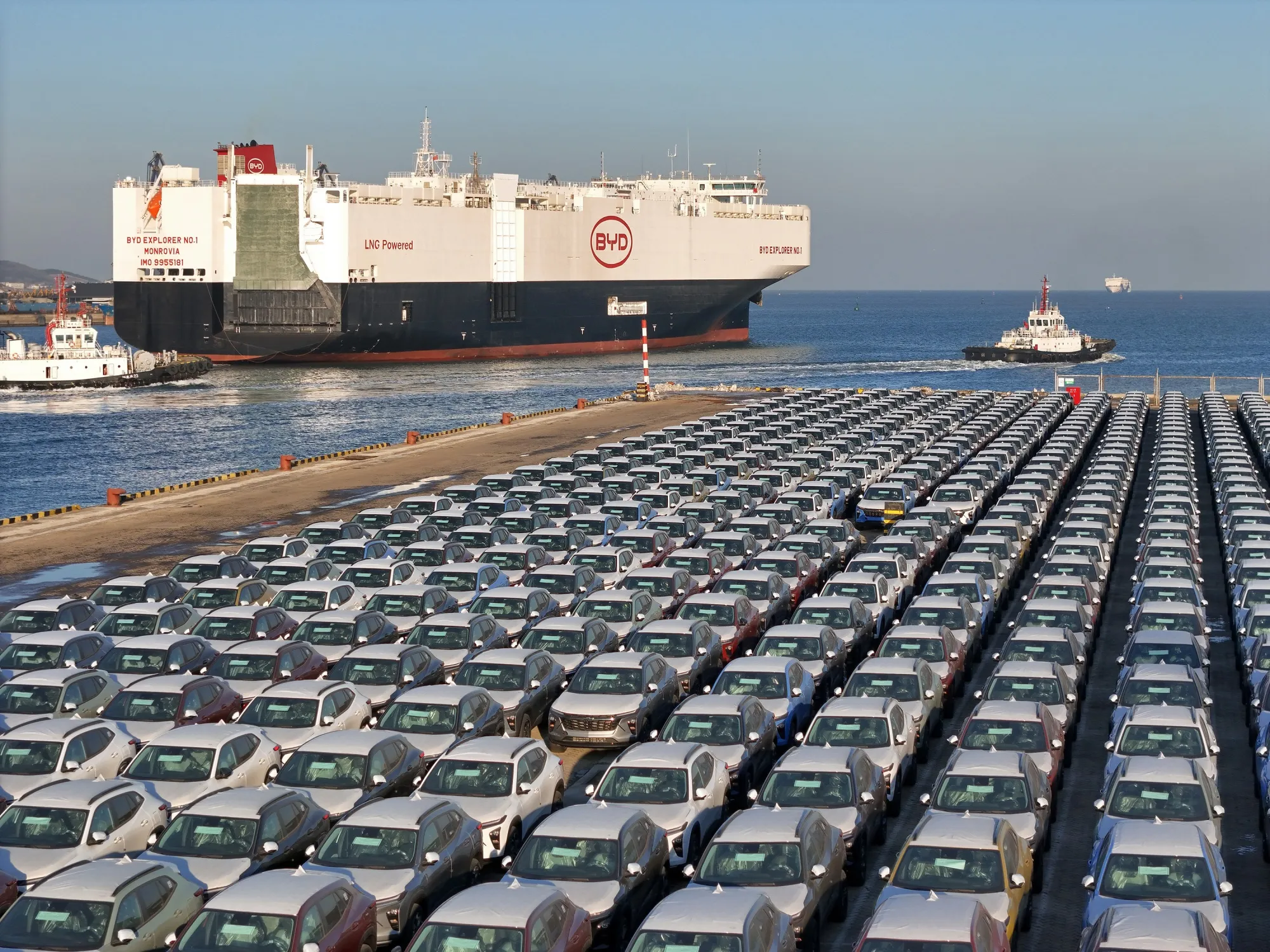 New BYD cars wait to be loaded onto the&nbsp;BYD Explorer No.1 cargo ship&nbsp;in Yantai, Shandong province, on Jan. 10.