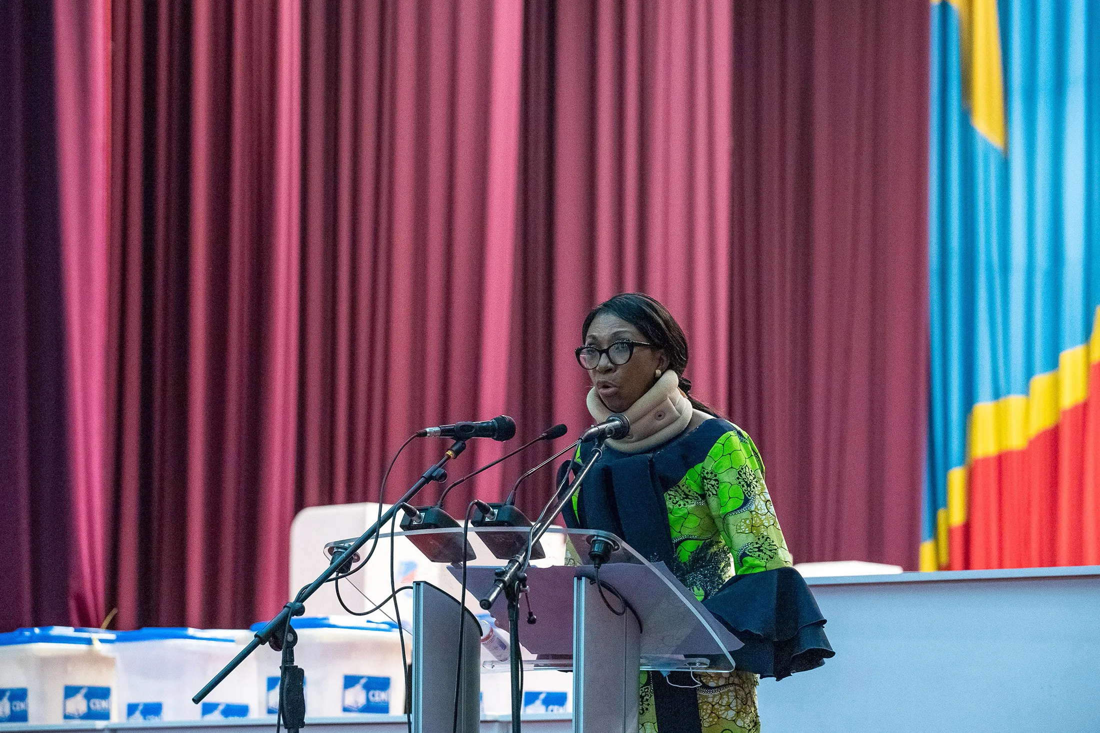 Jeanine Mabunda addresses the assembly in Kinshasa on Dec. 10.