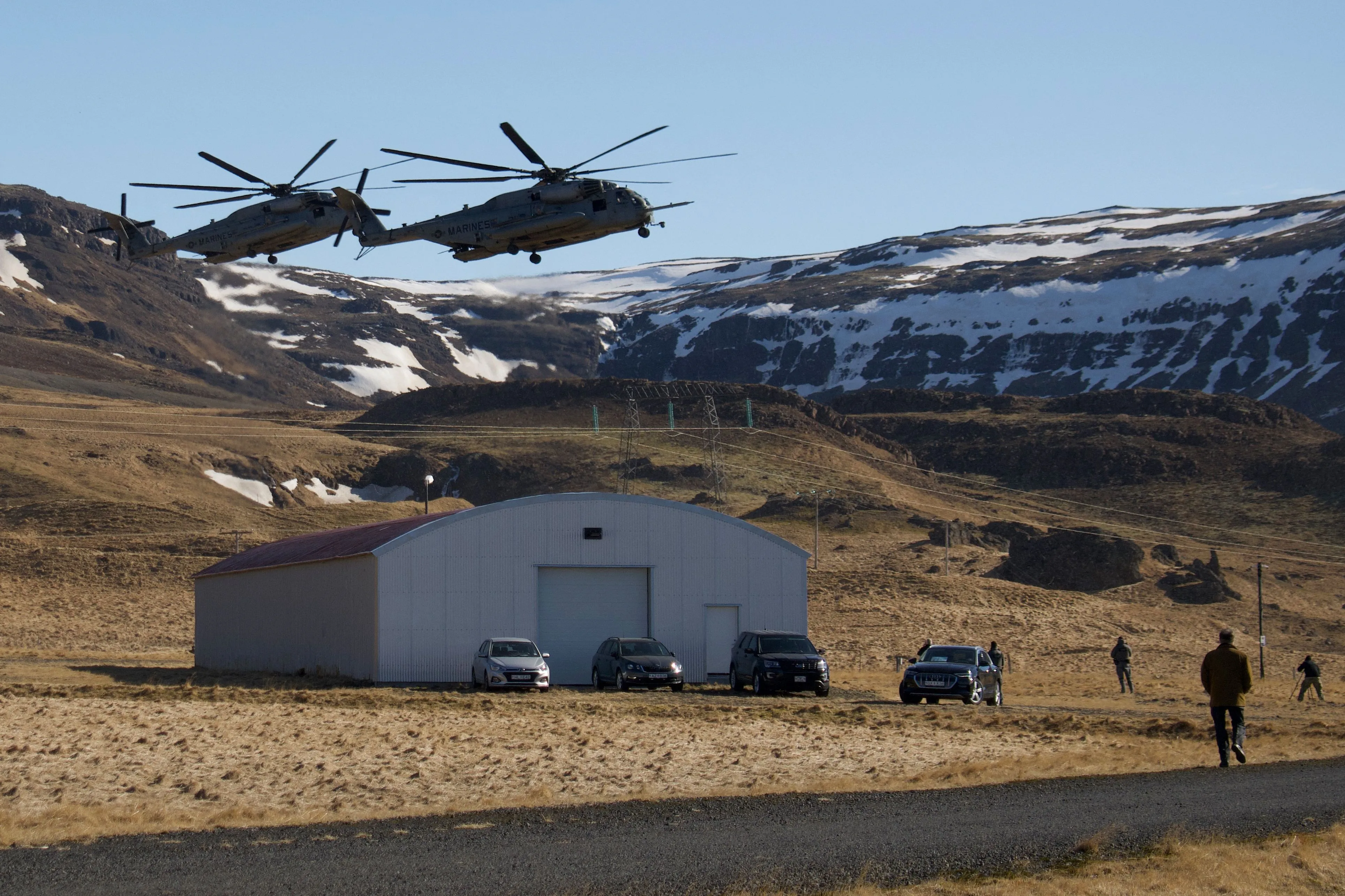Military helicopters during a drill in Hvalfjordur, Iceland.