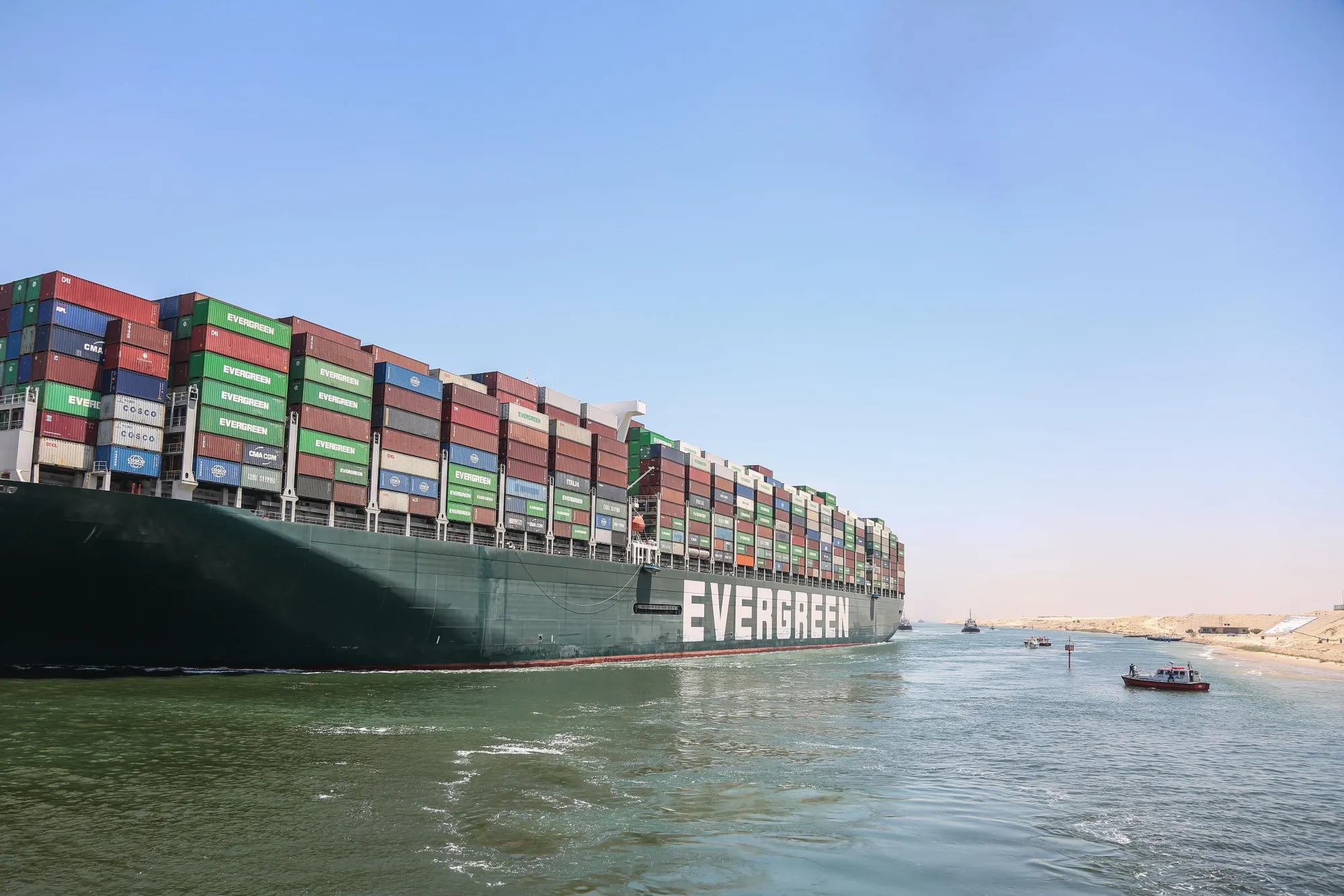 The Ever Given container ship sails to depart the Suez Canal in Ismailia, Egypt,&nbsp;on July 7, 2021.