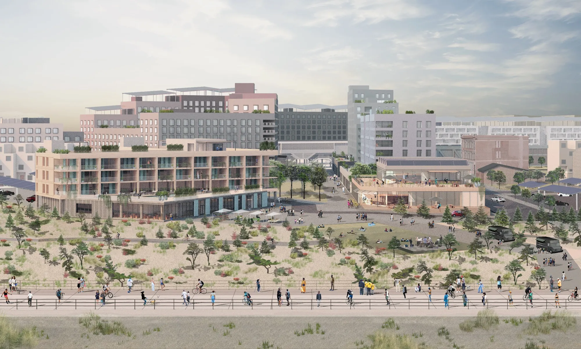 A rendering of the Arverne East development, which will be lined by a boardwalk on the south side. 