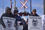 Workers demonstrate during a Canadian Pacific Railway strike in Calgary, Alberta, Canada, on Sunday.&nbsp;