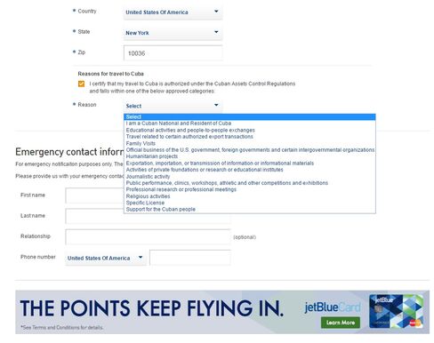 JetBlue's booking screen for Cuba itineraries.