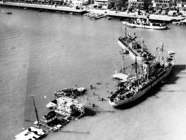 An aerial view of ships which have been sunk at the entrance to the Suez Canal to prevent passage during the Suez Crisis.