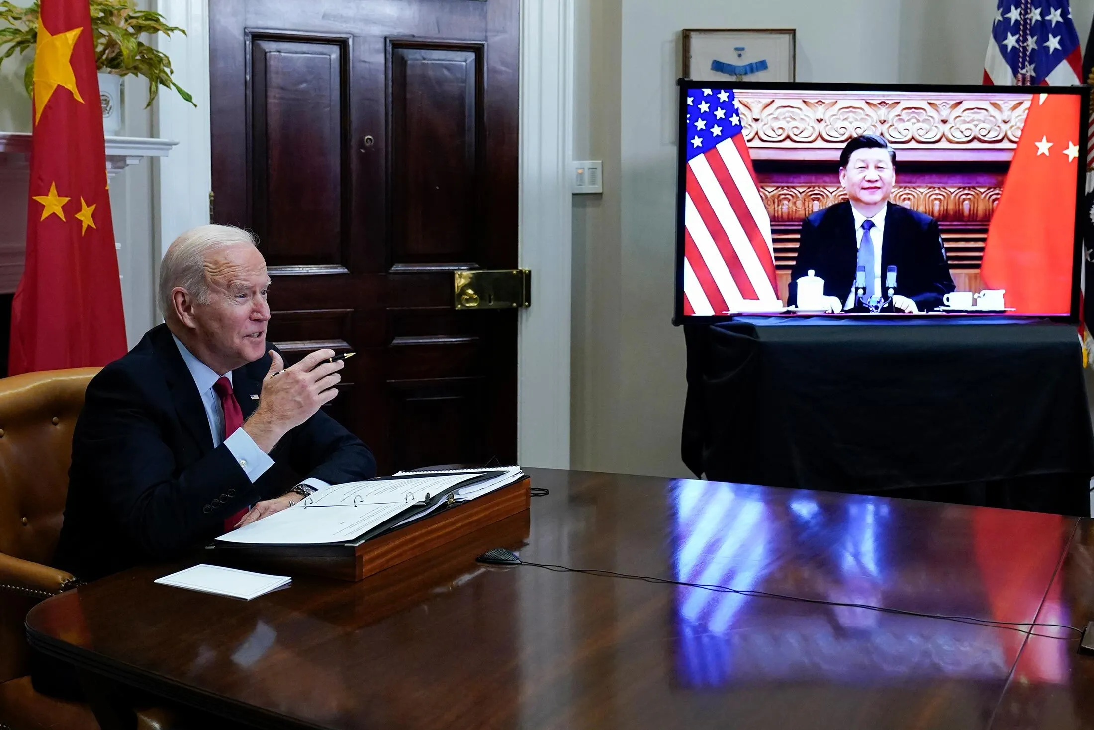 President Biden meets virtually with Chinese President Xi Jinping on Nov. 15, 2021.