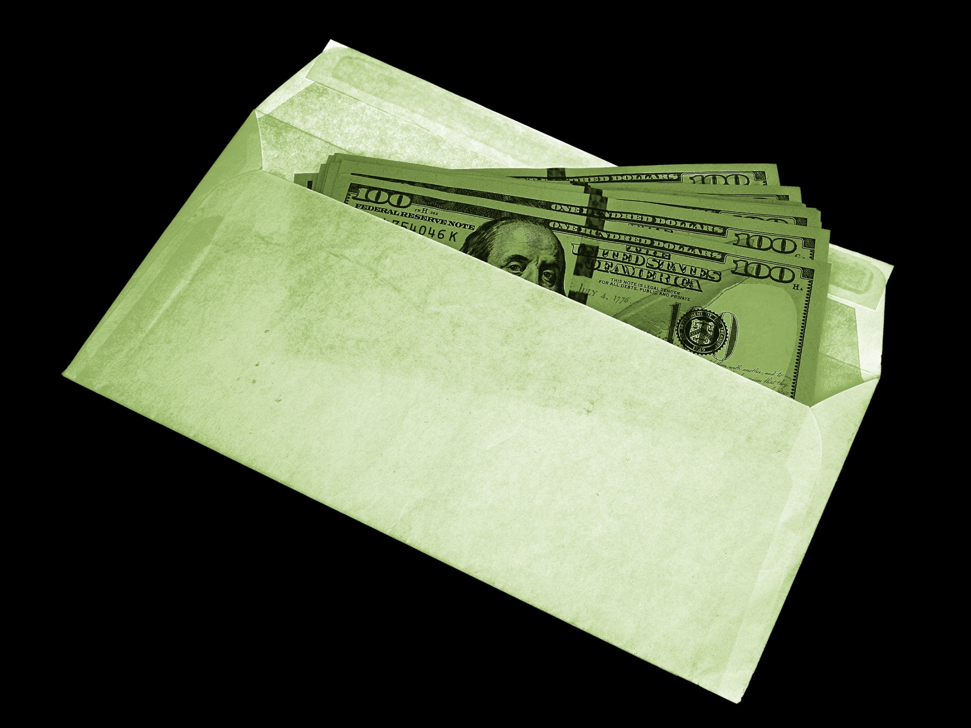 Hundred dollar bills in the envelop isolated on white background with clipping path
