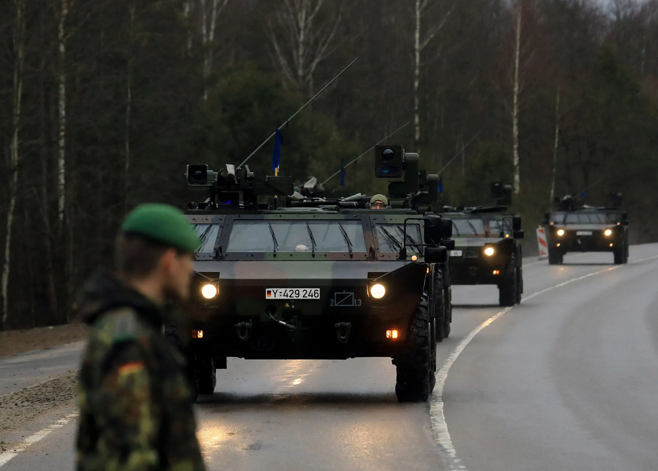 A convoy of armored vehicles of the German armed forces arrive at the NATO enhanced Forward Presence Battle Group Battalion&nbsp;in Rukla, Lithuania on Feb. 17.