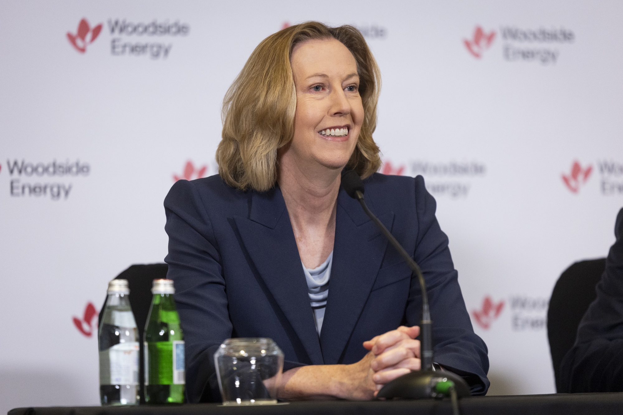 Meg O'Neill, chief executive officer of Woodside Energy Group Ltd., attends a news conference following the company's annual general meeting in Perth, Australia on Thursday, May 8, 2025. Last week, Woodside Energy made a final investment decision on a $17.5 billion liquefied natural gas export project in the US, cementing the Australian companys position as a top supplier of the super-chilled fuel. Photographer: Matt Jelonek/Bloomberg 