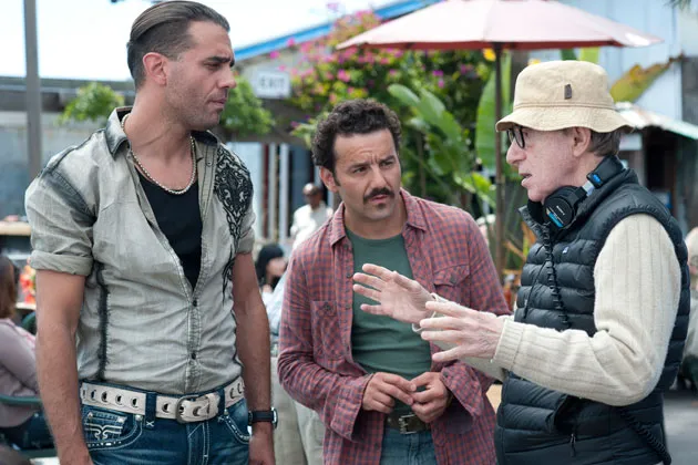 From left, actors Bobby Cannavale and Max Casella and director Woody Allen on the set of Blue Jasmine