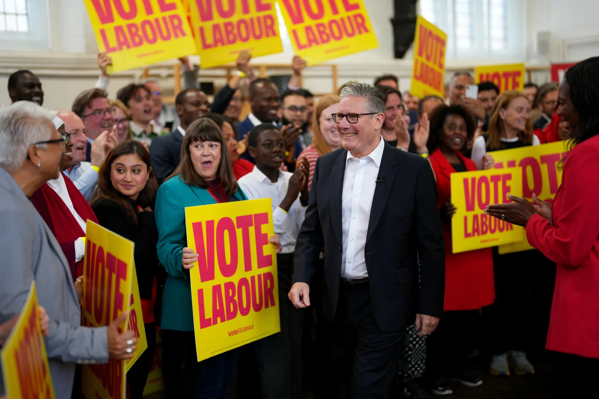 Prime Minister Keir Starmer joins party supporters during a campaign event&nbsp;in London on May 5.&nbsp;