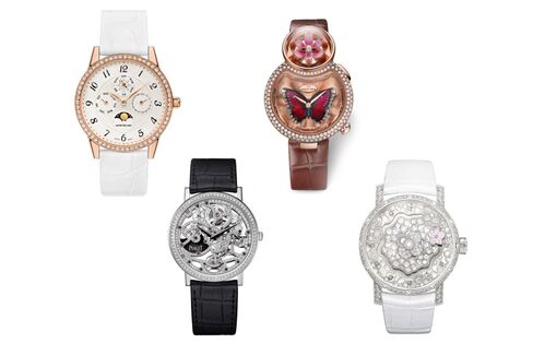 From left: Montblanc Bohème Perpetual Calendar Jewellery, Piaget Altiplano 1200S, Jaquet Droz Lady 8 Flower, Chaumet Hortensia Creative Complication