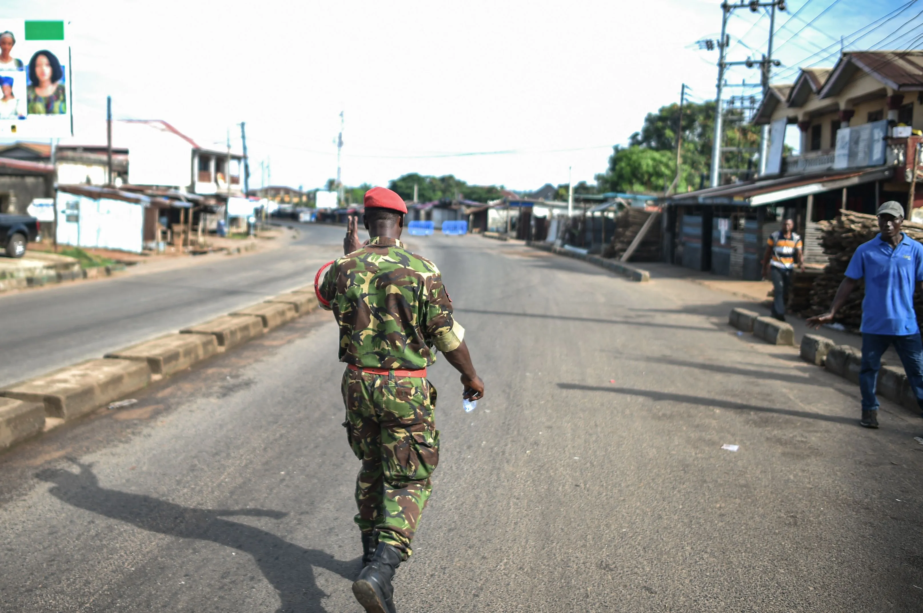 A&nbsp;military policeman on&nbsp;an empty road in Freetown on Nov.&nbsp;26.&nbsp;