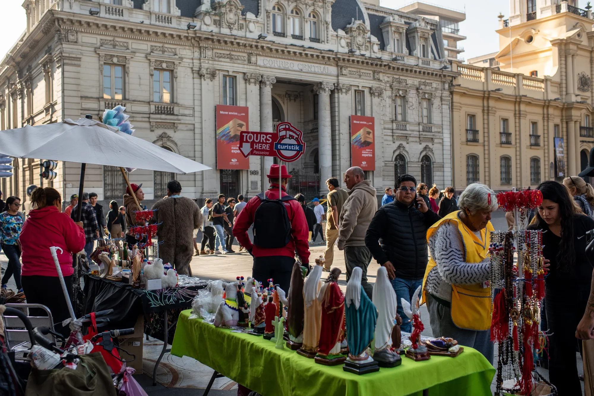 Souvenirs for sale at the Plaza de Armas in Santiago.