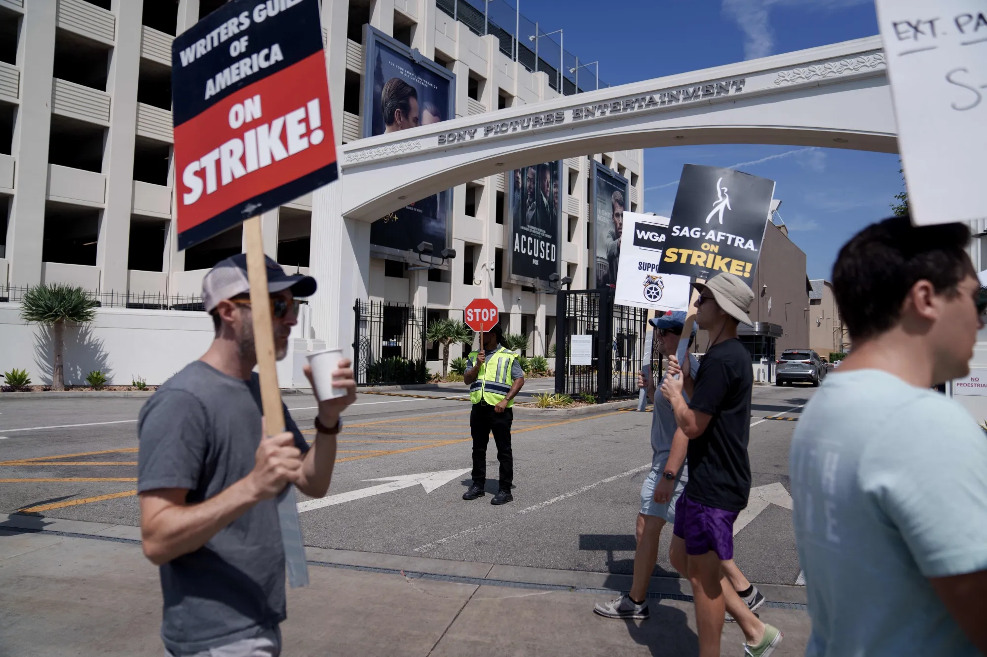 Writers Guild of America and Screen Actors Guild members with supporters on a picket line outside Sony Pictures Entertainment studios in Culver City, Calif., on July 21.
