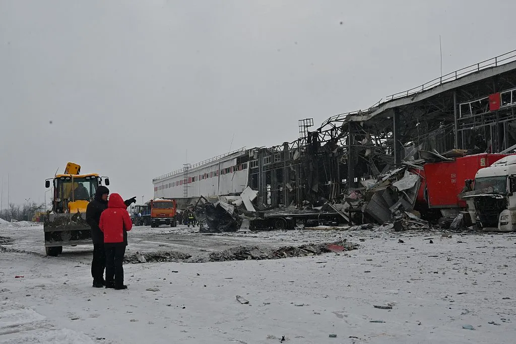The heavily damaged Nova Poshta postal company terminal following an air attack in Novyi Korotych, Kharkiv region.
