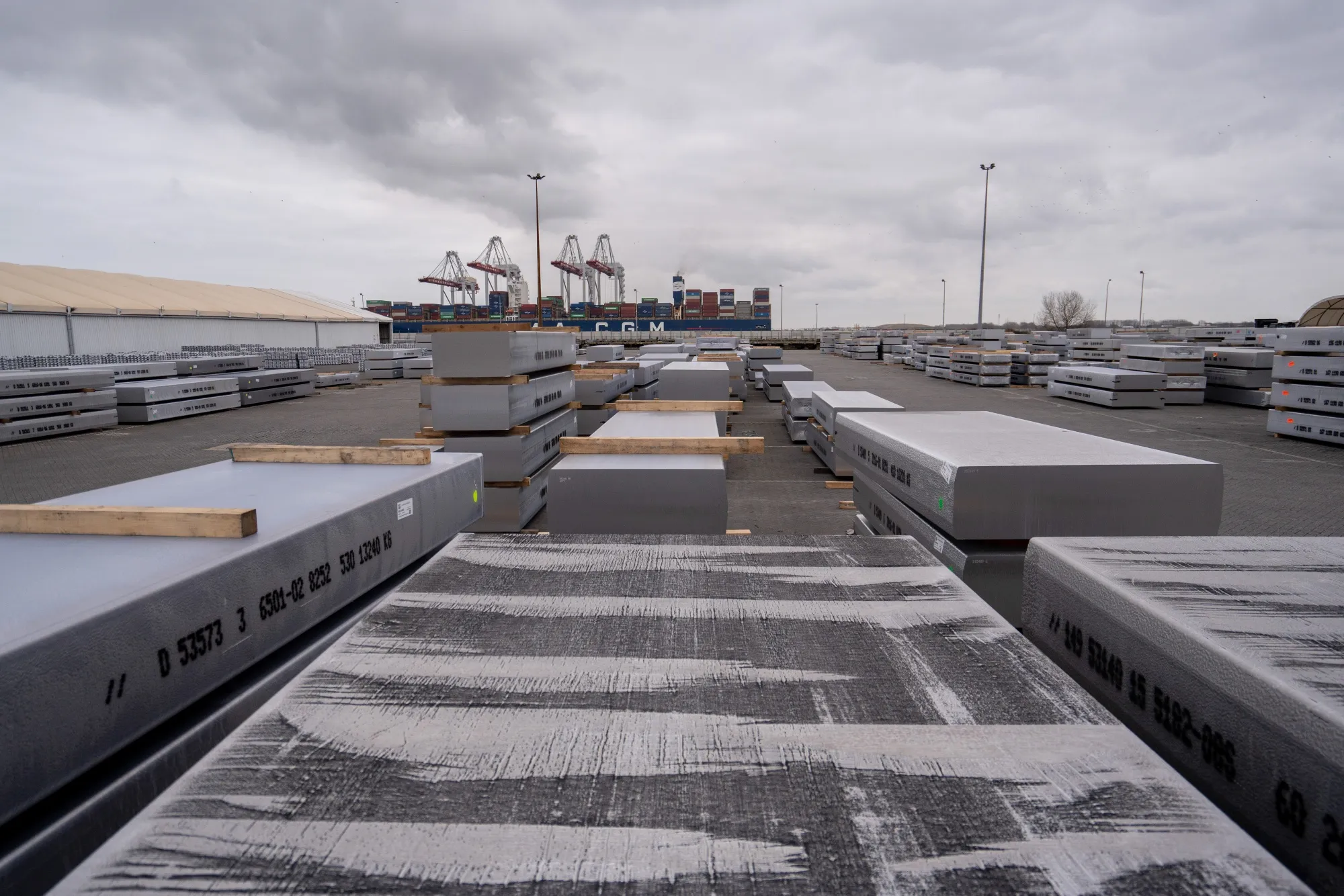 Bound aluminum plates ahead of shipping at an&nbsp;aluminium smelter near Dunkirk, France.