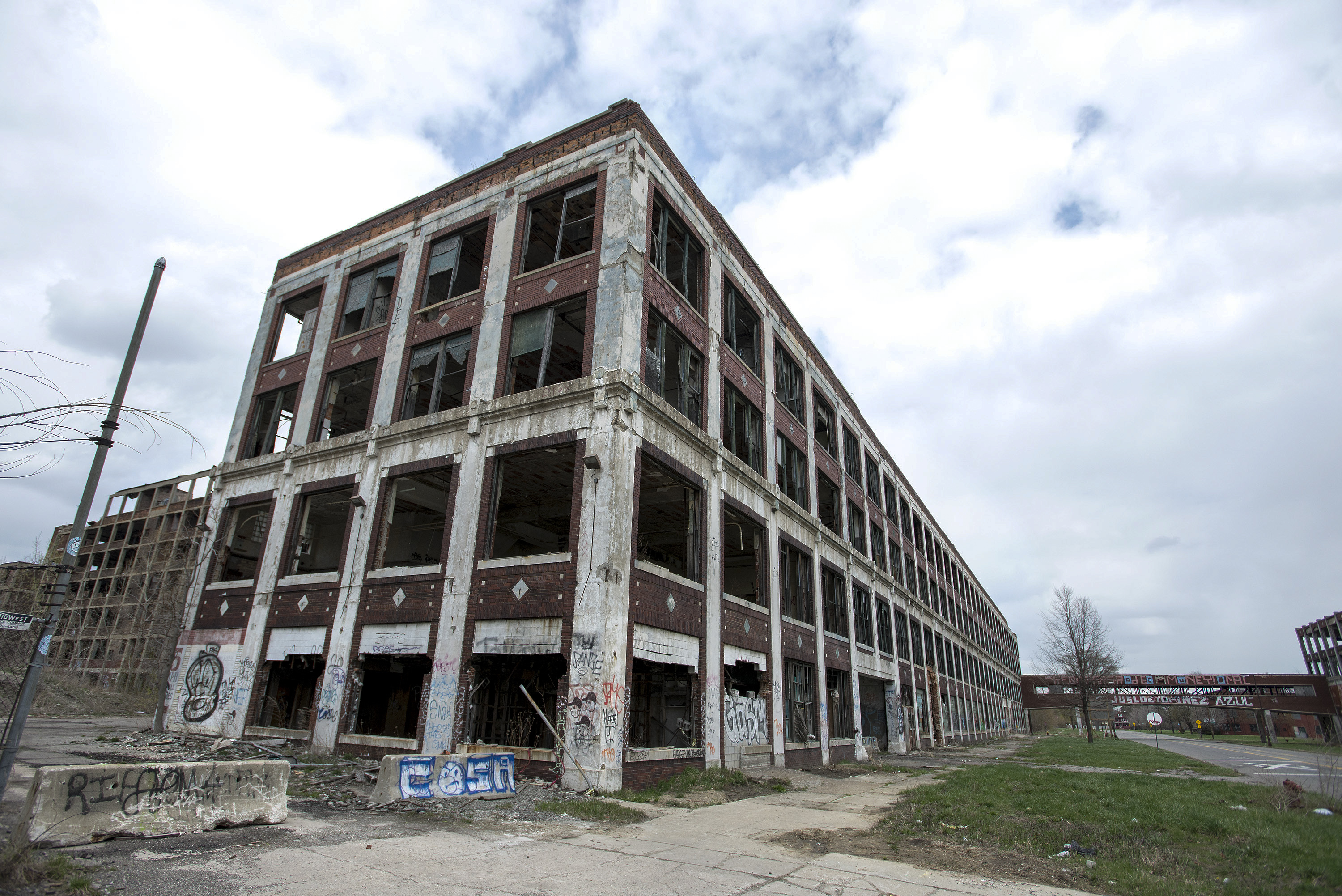 The old administration building of the abandoned Packard Automotive Plant, a former automobile-manufacturing factory in Detroit, seen Tuesday, April 21, 2015 in Detroit, Michigan.
