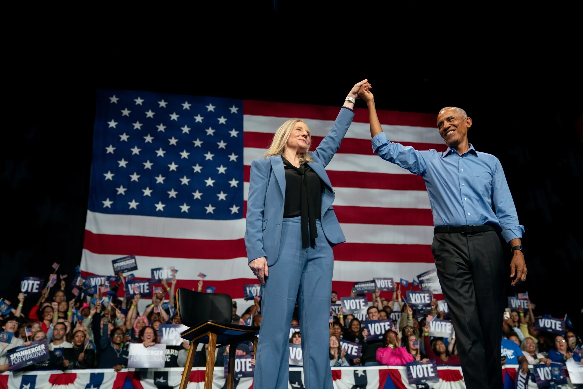 Former President Barack Obama and Abigail Spanberger, Democratic gubernatorial candidate for Virginia, during a campaign event in Norfolk on Nov. 1.