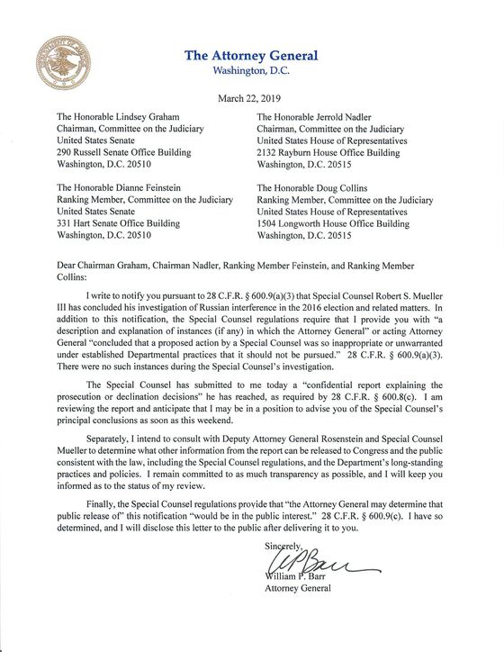 Read Barr's Letter to Congress on the End of the Mueller Inquiry