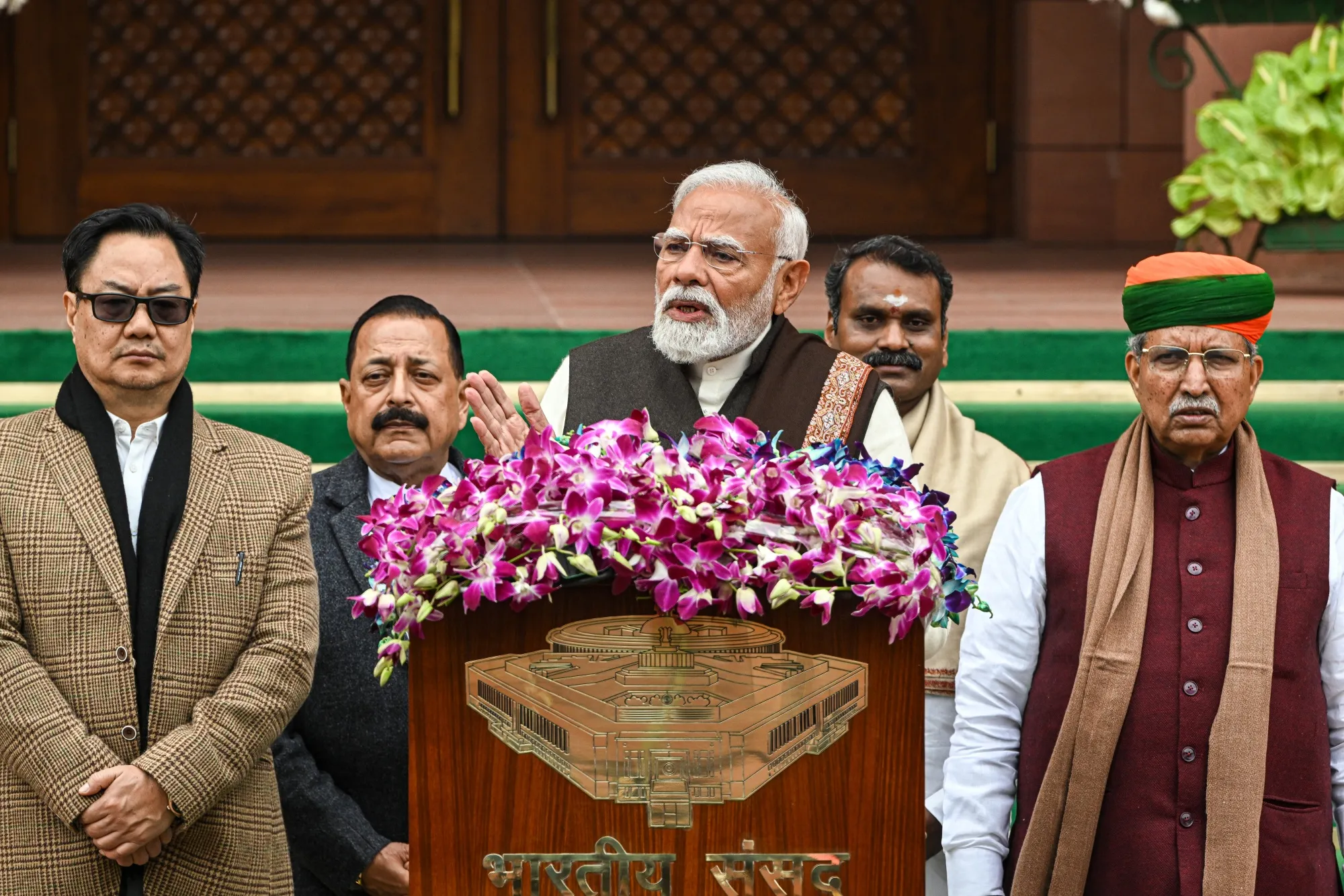 Narendra Modi outside Parliament House in New Delhi.