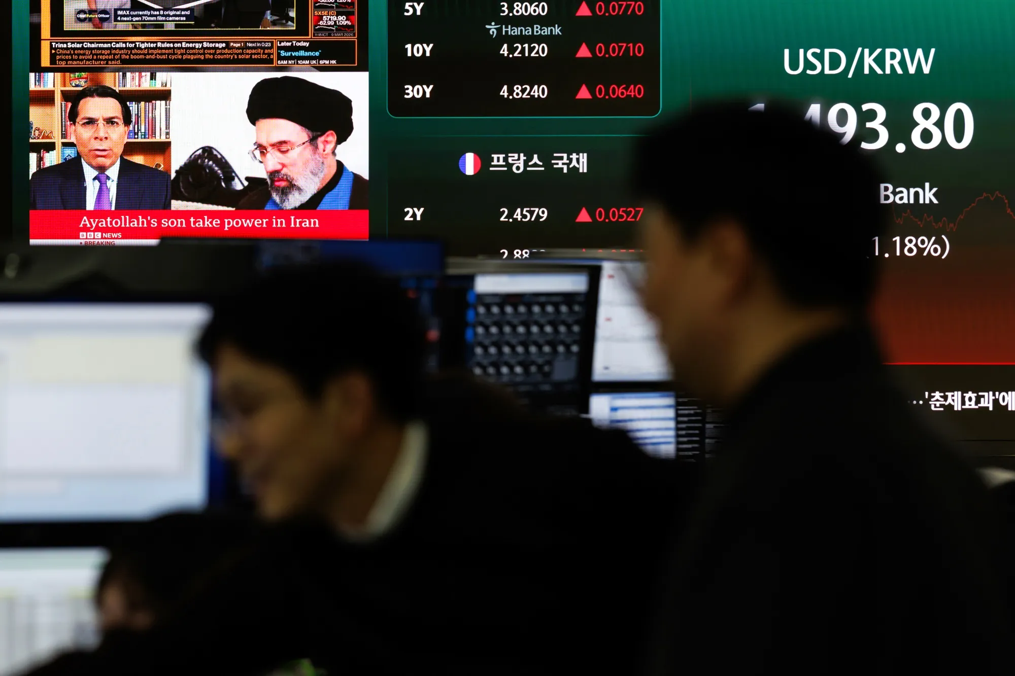 A news report on the Iran conflict displayed on a screen inside a trading room at Hana Bank in Seoul.