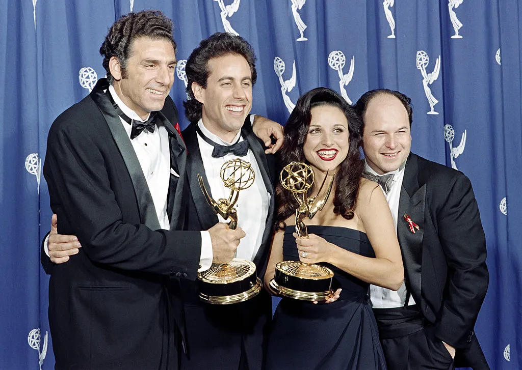 The cast of&nbsp;"Seinfeld" pose with the Emmys they won for Outstanding Comedy Series in 1993.