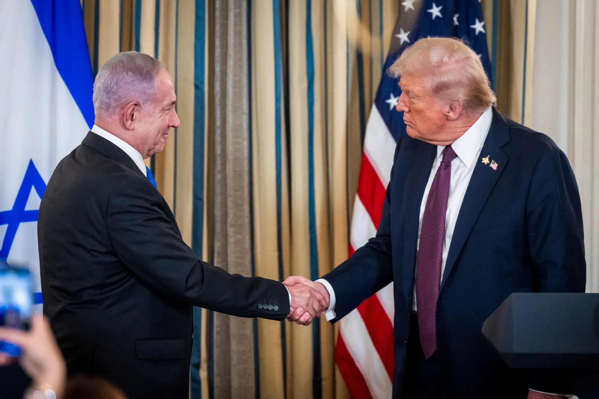 Donald Trump and Benjamin Netanyahu during a news conference in the State Dining Room of the White House in Washington, DC, on&nbsp;Sept. 29, 2025.
